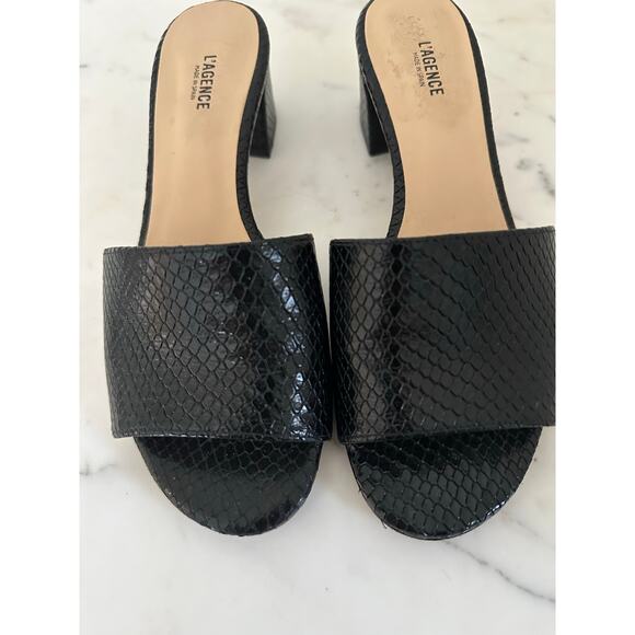 L’agence Black Embossed Leather Open Toe Block Heel Slip On Sandals - Picture 2 of 10